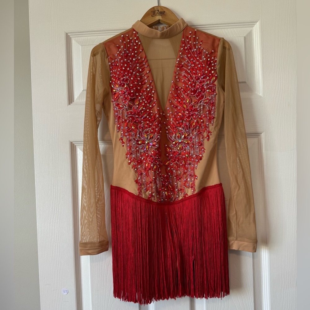 Chic Red and Tan Embellished Fringe Dress